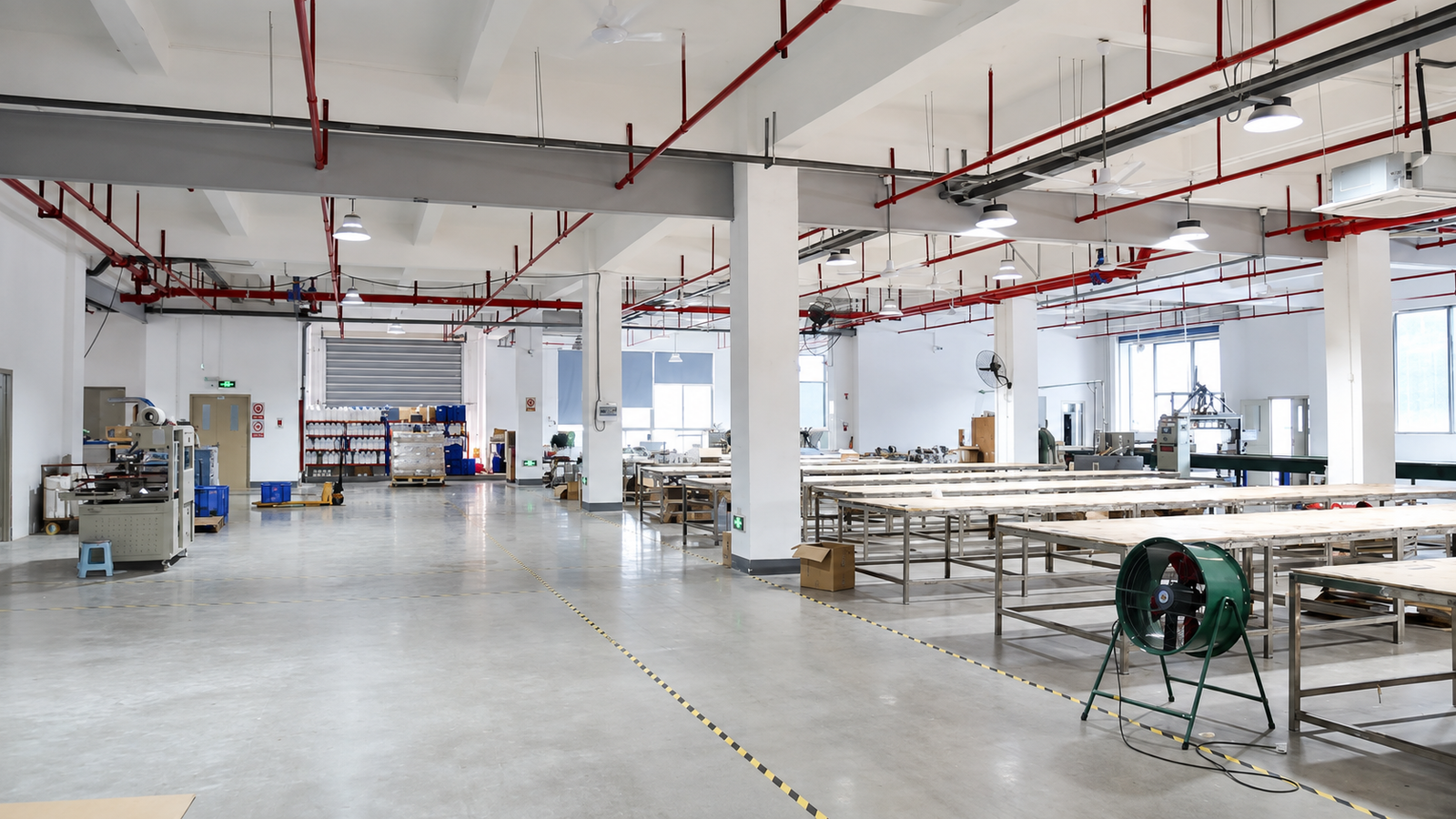 AI-enhanced production floor view based on the supplied factory photograph