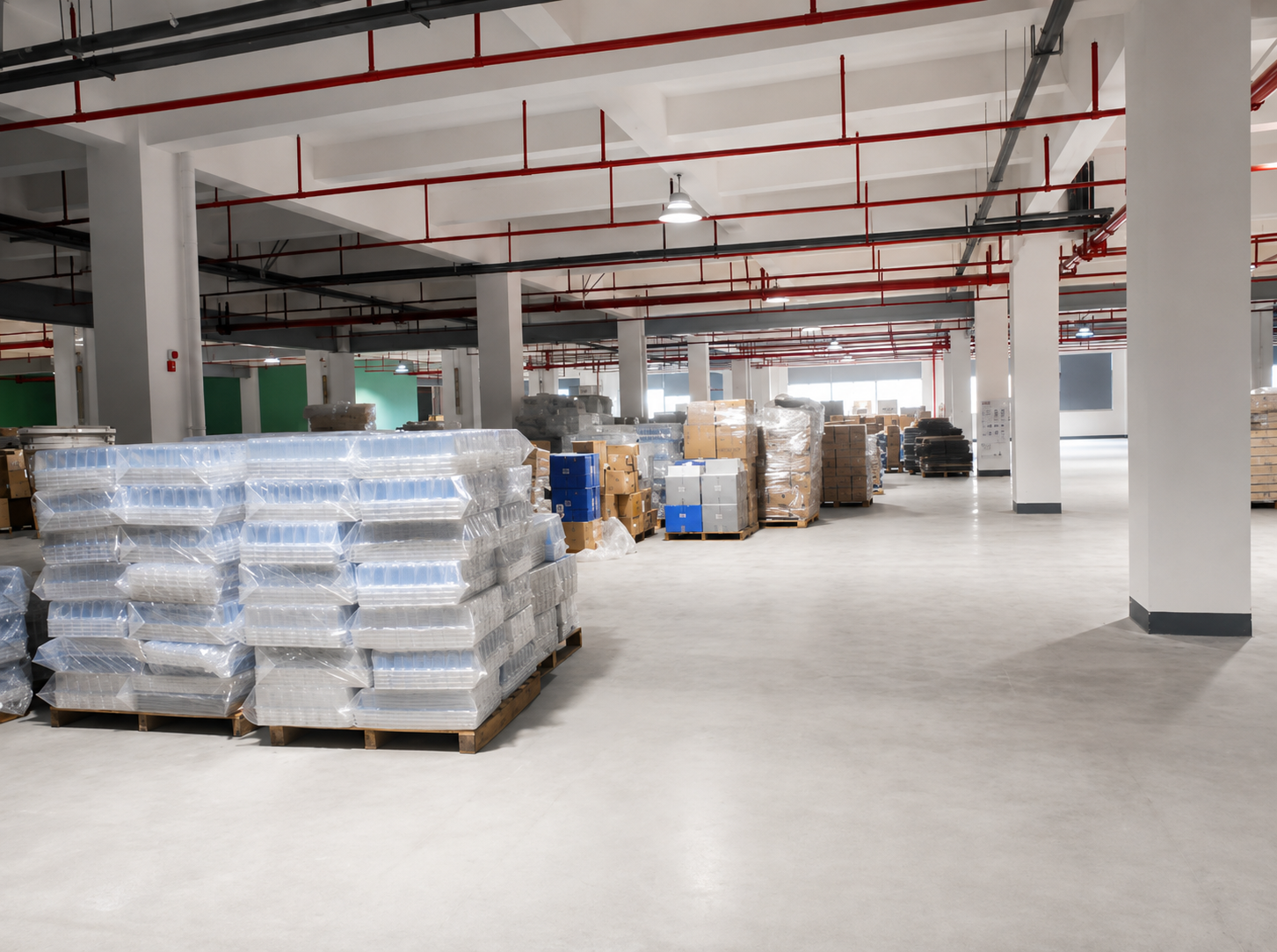 AI-enhanced warehouse view based on the original factory photograph