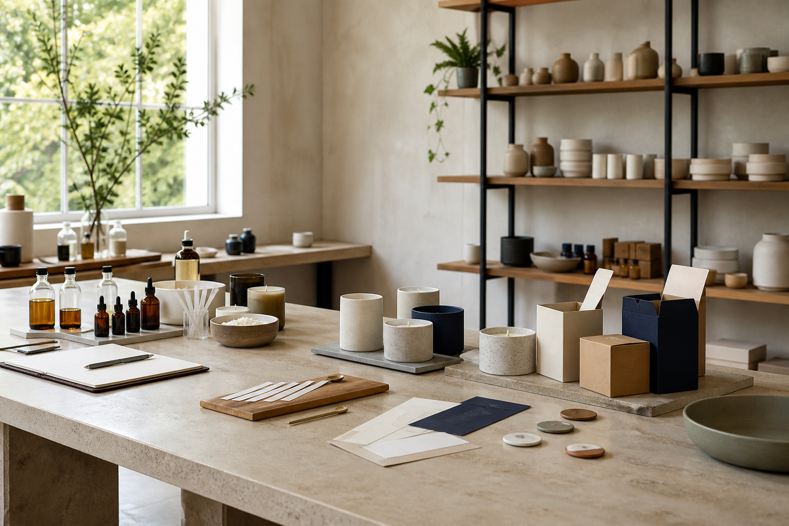 Generated concept visual of a fragrance and ceramic development workspace