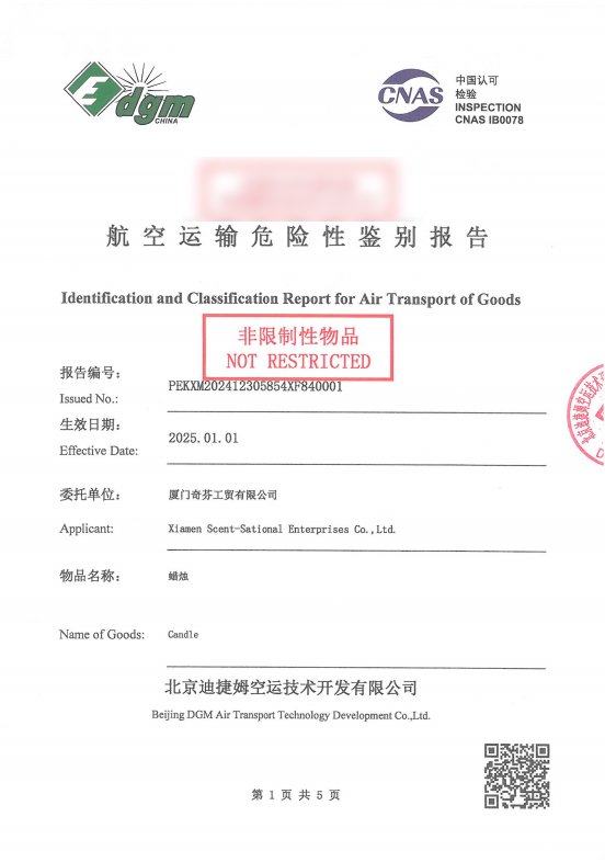 Candle air transport hazard classification report, user-supplied original image