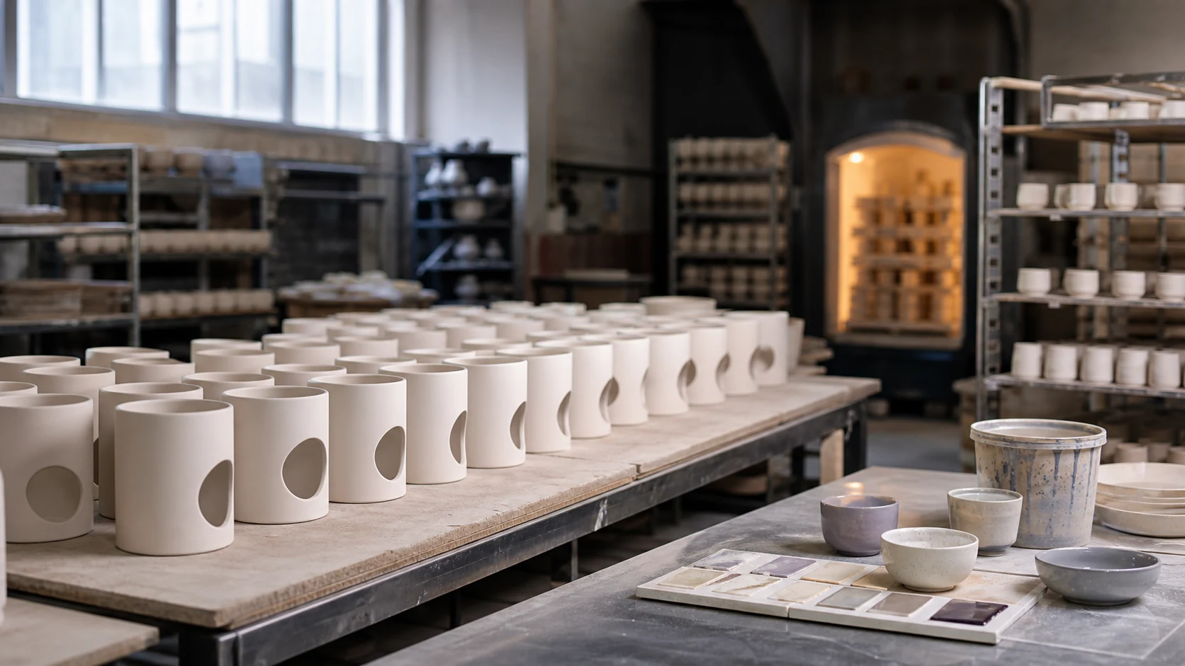 AI-generated concept visualization of a ceramic aroma-vessel production environment