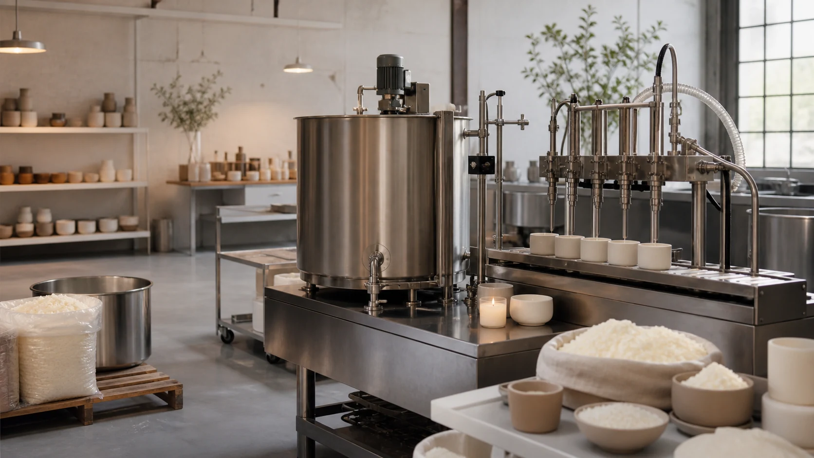 AI-generated concept visualization of a home-fragrance production environment