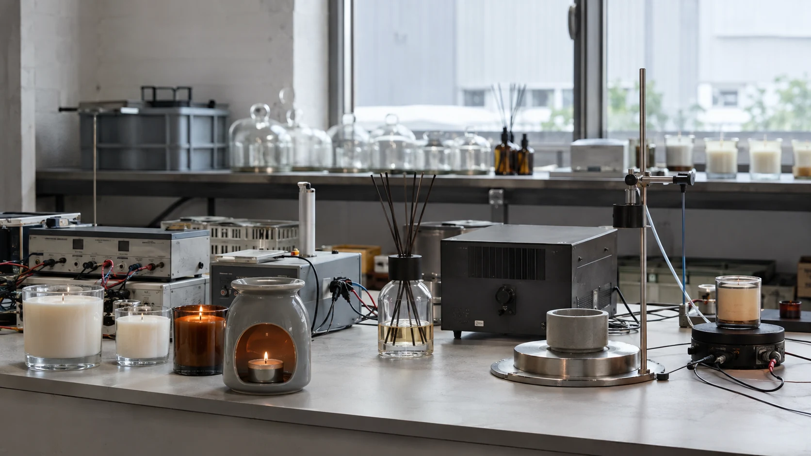 AI-generated concept visualization of a realistic home-fragrance product testing bench