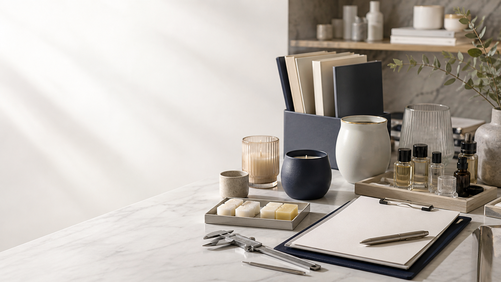 Concept visual of a home-fragrance quality review workbench; not certificate evidence
